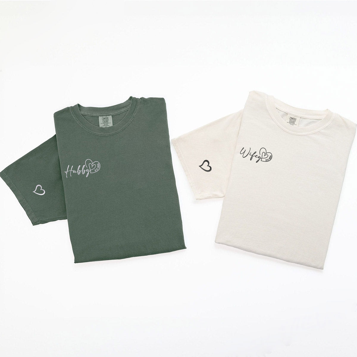 Custom Embroidered Hubby Wifey Date Anniversary Matching T-shirts for Couples