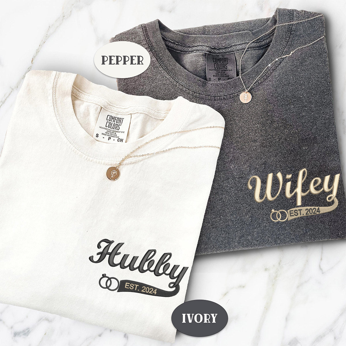 Custom Embroidered Hubby and Wifey Matching T-shirts for Couples