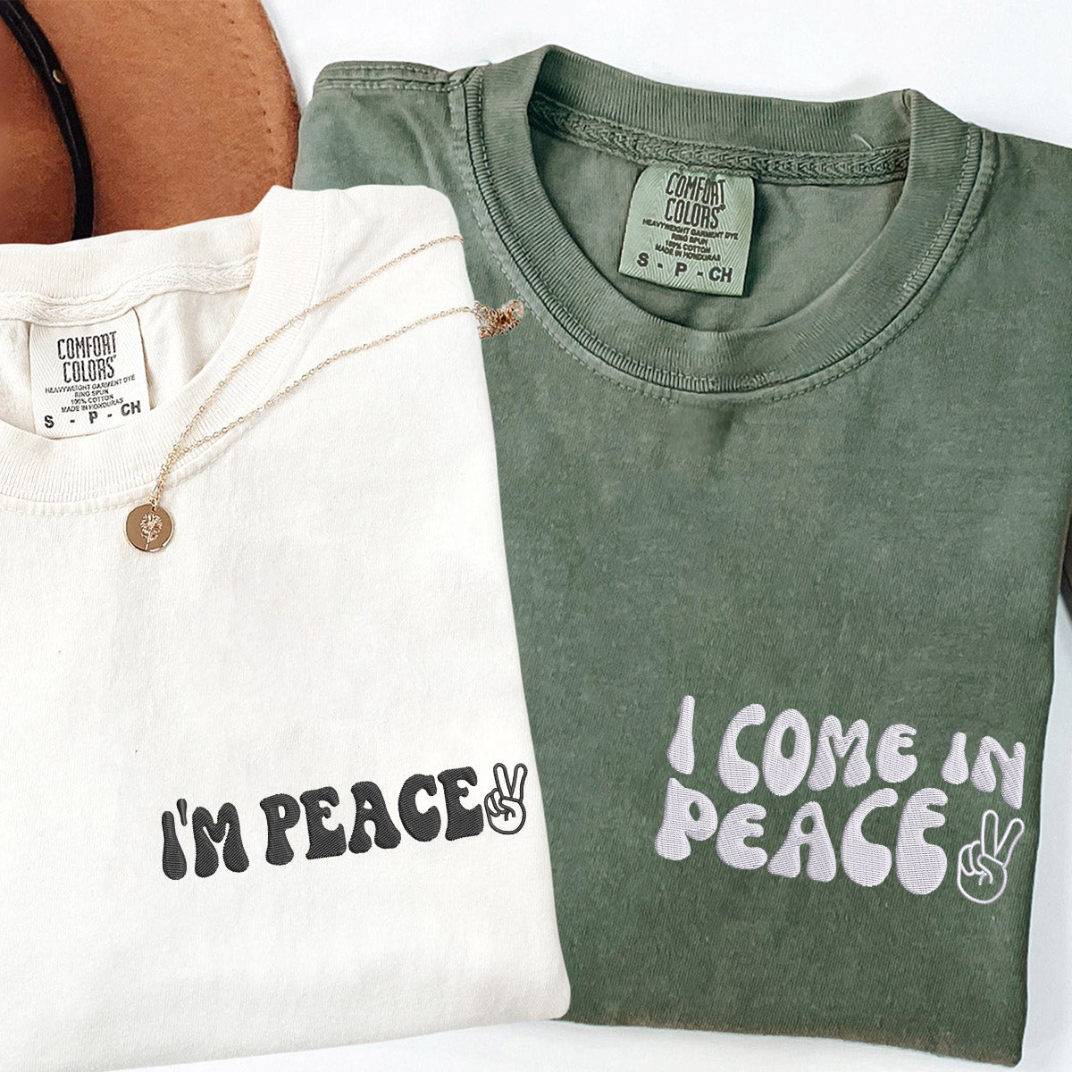 Custom Embroidered I Come In Peace Matching T-shirts for Couples