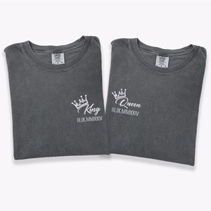 Custom Embroidered King x Queen Crown Roman Numeral Matching T-shirts for Couples