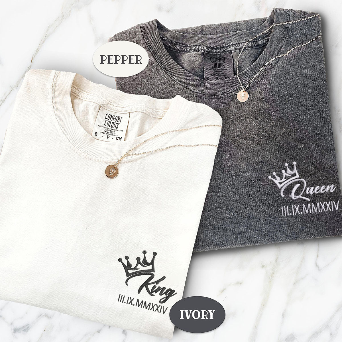 Custom Embroidered King x Queen Crown Roman Numeral Matching T-shirts for Couples