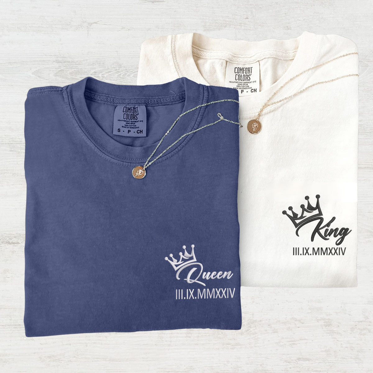 Custom Embroidered King x Queen Crown Roman Numeral Matching T-shirts for Couples