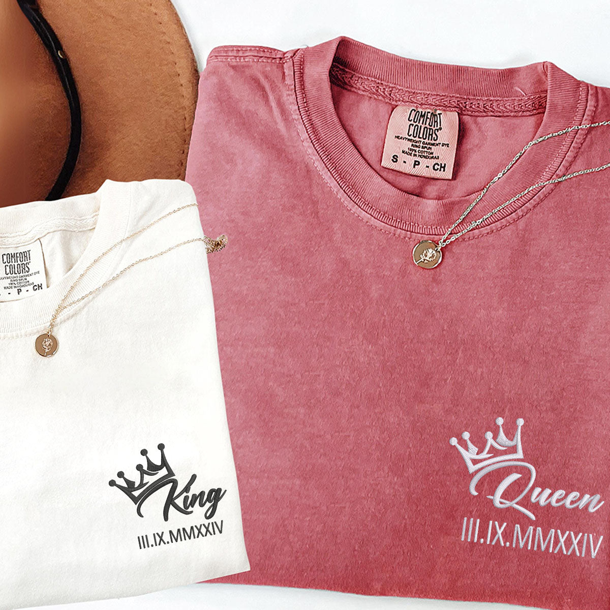 Custom Embroidered King x Queen Crown Roman Numeral Matching T-shirts for Couples