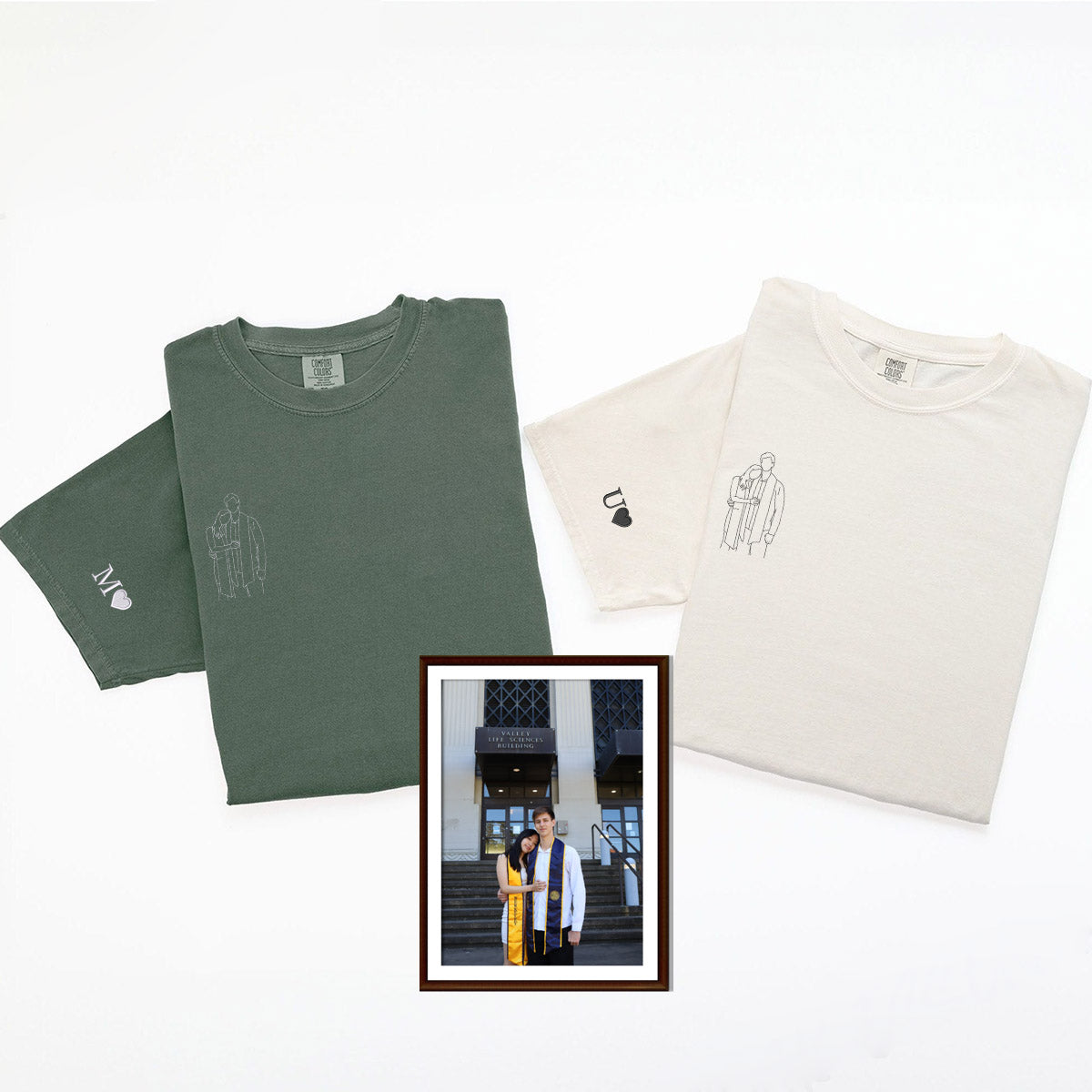 Custom Embroidered Line Art With Pictures Matching T-shirts for Couples