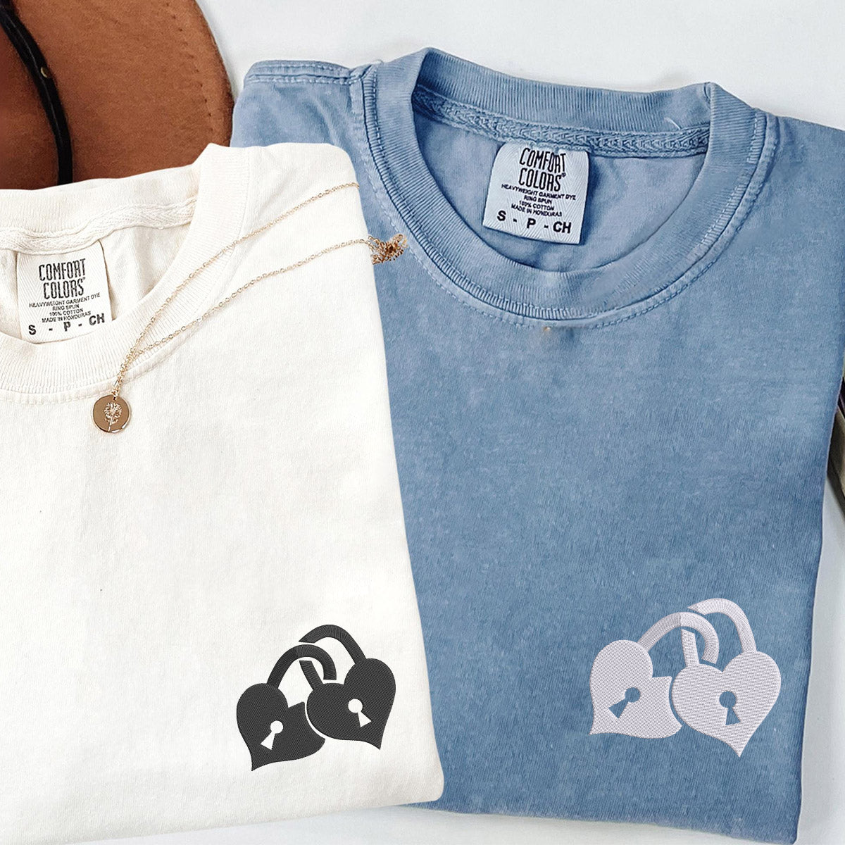 Custom Embroidered Love Padlock Matching T-shirts for Couples