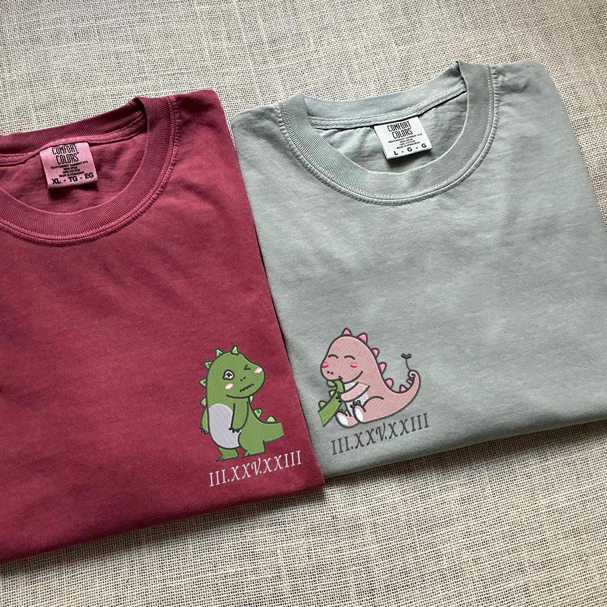 Custom Embroidered Lovely Dinosaur Roman Numeral Matching T-shirts for Couples