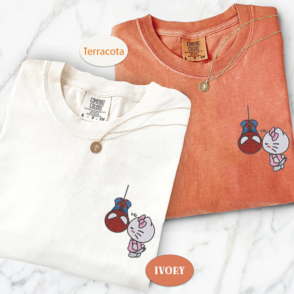 Custom Embroidered Lovely Kitten Kiss Spider Chibi Matching T-shirts for Couples