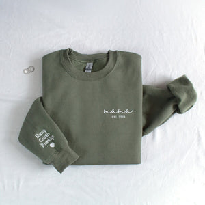 Custom Embroidered Mama Sweatshirt -  Personalized Hoodie for Mother, Grandmother with Kids Names Sleeve, Mothers Day Gift