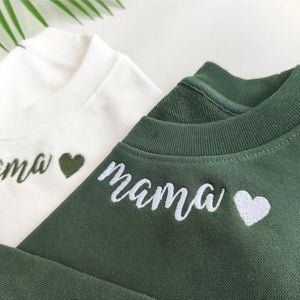 Custom Embroidered Mama Sweatshirt with Heart on Neckline, Personalized Gift for Mom, Mother's Day Gift