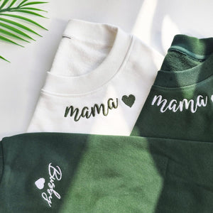 Custom Embroidered Mama Sweatshirt with Heart on Neckline, Personalized Gift for Mom, Mother's Day Gift