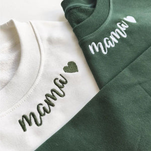 Custom Embroidered Mama Sweatshirt with Heart on Neckline, Personalized Gift for Mom, Mother's Day Gift