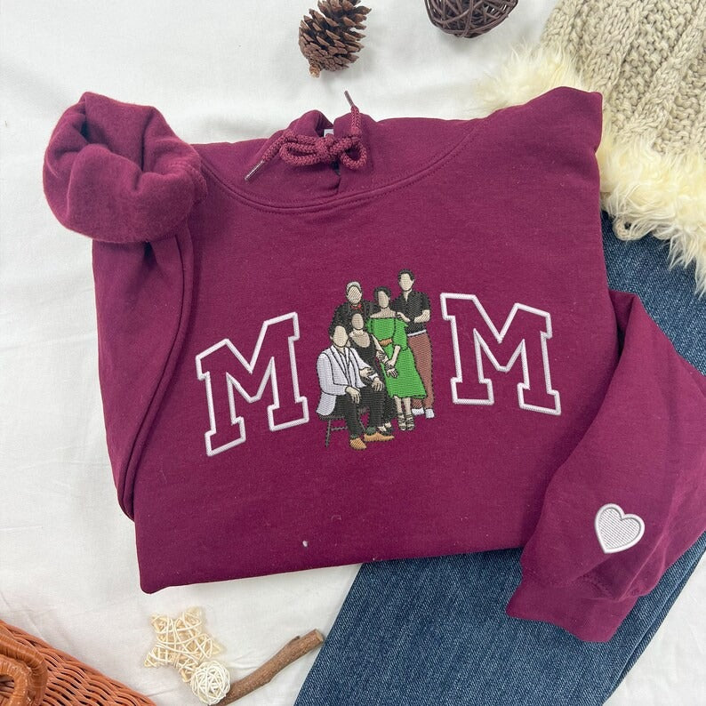 Custom Embroidered Mama Sweatshirt with Kid Name on Sleeve, Family Portrait Hoodie, Christmas Gift For Mom