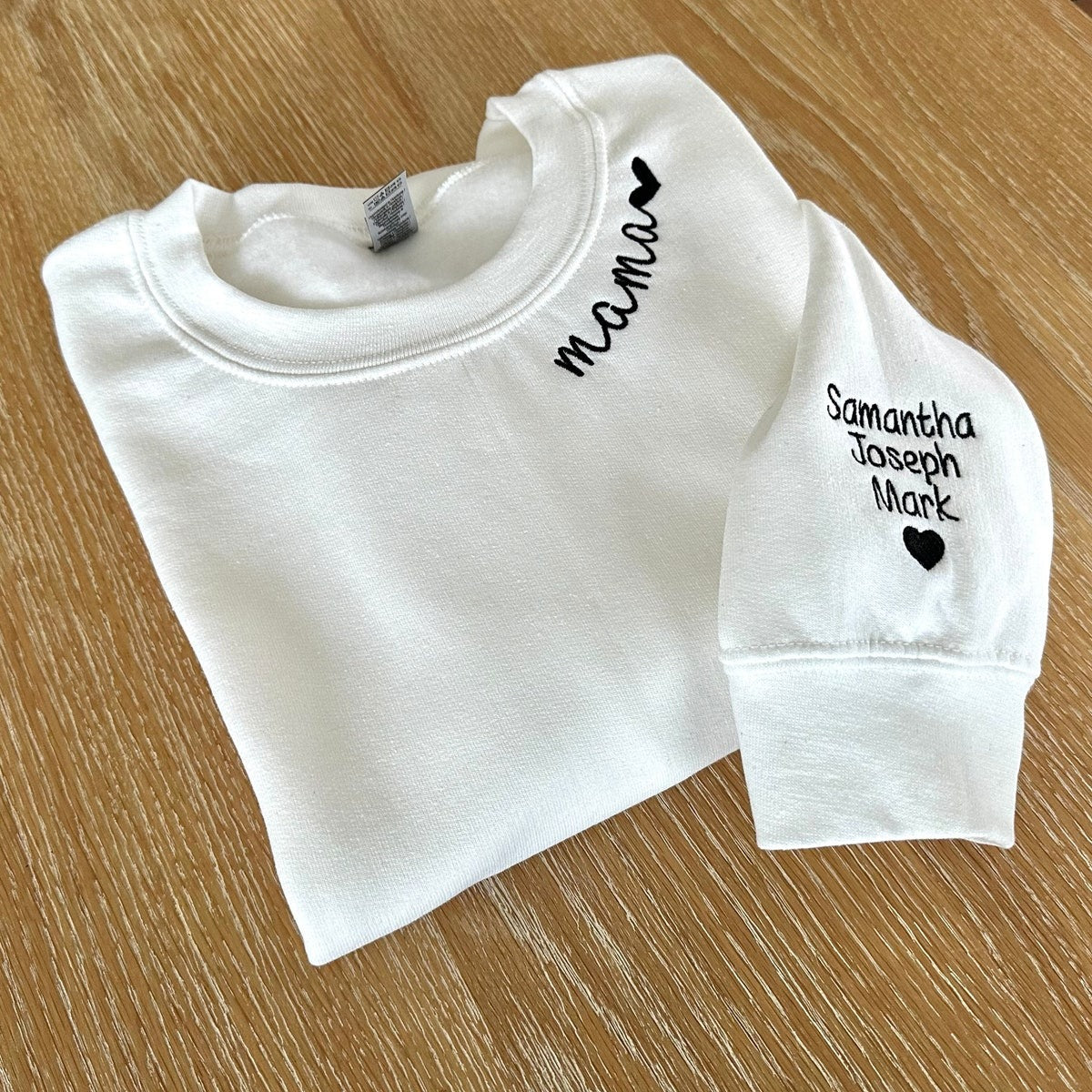 Custom Embroidered Mama on Neckline Sweatshirt Hoodie - Personalized Kids Names on Sleeve, Gift for Mom