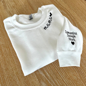 Custom Embroidered Mama on Neckline Sweatshirt Hoodie - Personalized Kids Names on Sleeve, Gift for Mom