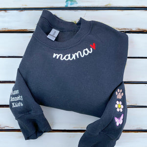 Custom Embroidered Mama on Neckline Sweatshirt Hoodie - Personalized Kids Names on Sleeve, Gift for Mom