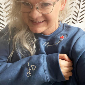 Custom Embroidered Mama on Neckline Sweatshirt Hoodie - Personalized Kids Names on Sleeve, Gift for Mom