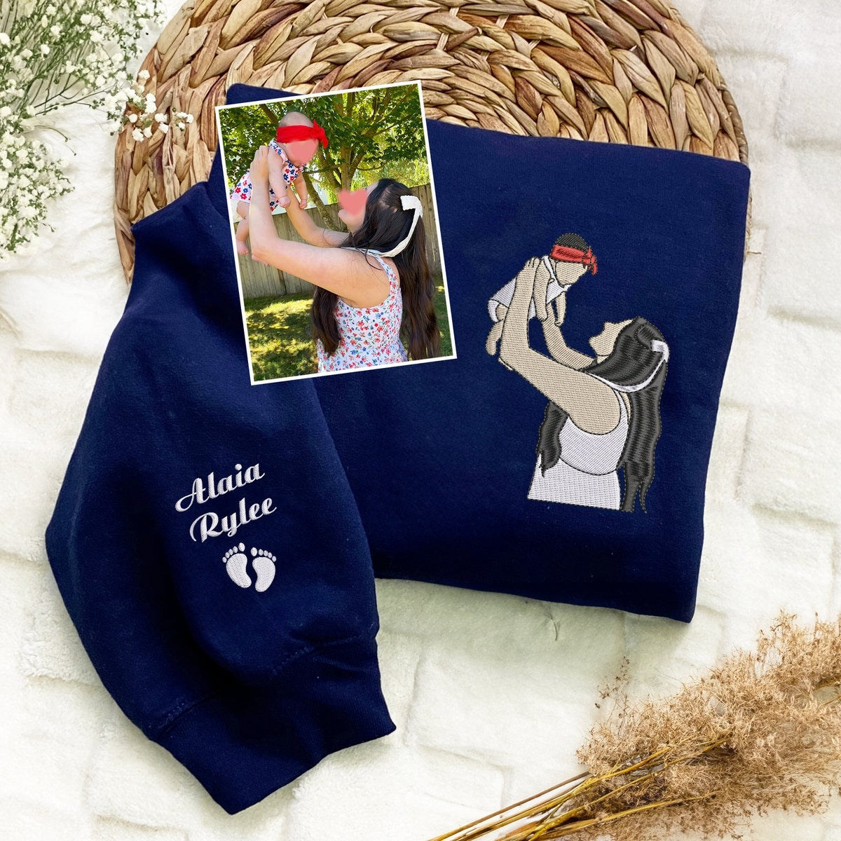 Custom Embroidered Mom Sweatshirt – Personalized Family Portrait Hoodie, Thoughtful Gift for Mom &amp; Grandma