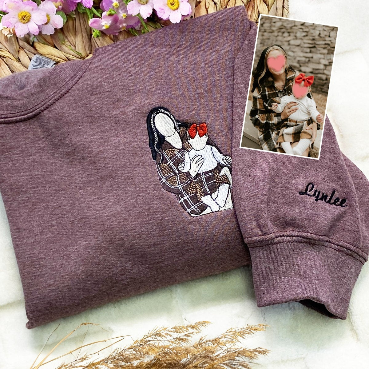 Custom Embroidered Mom Sweatshirt – Personalized Family Portrait Hoodie, Thoughtful Gift for Mom &amp; Grandma