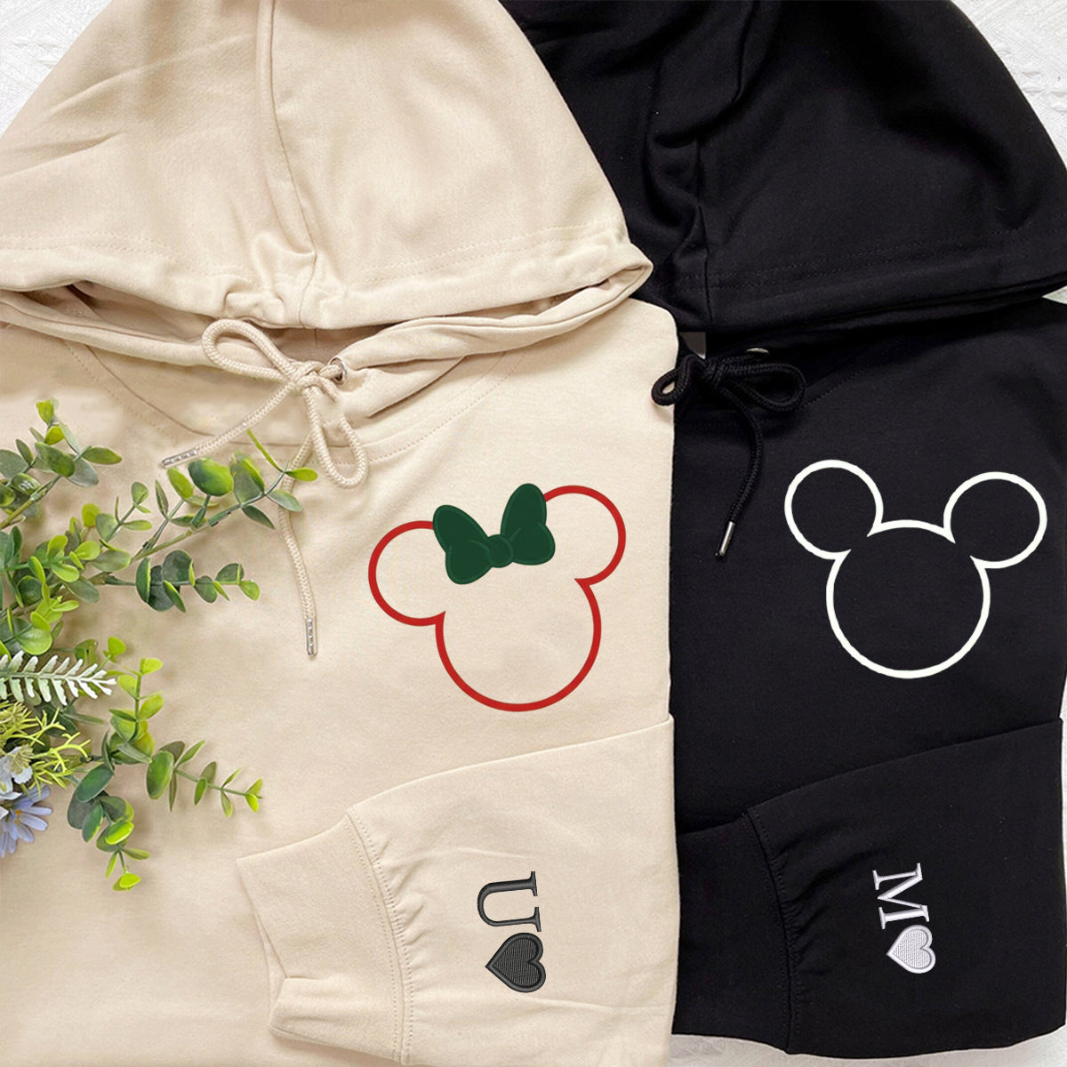 Custom Embroidered Mouse Ear Outlines Christmas Sweatshirt, Cozy Holiday Hoodie Matching for Couples
