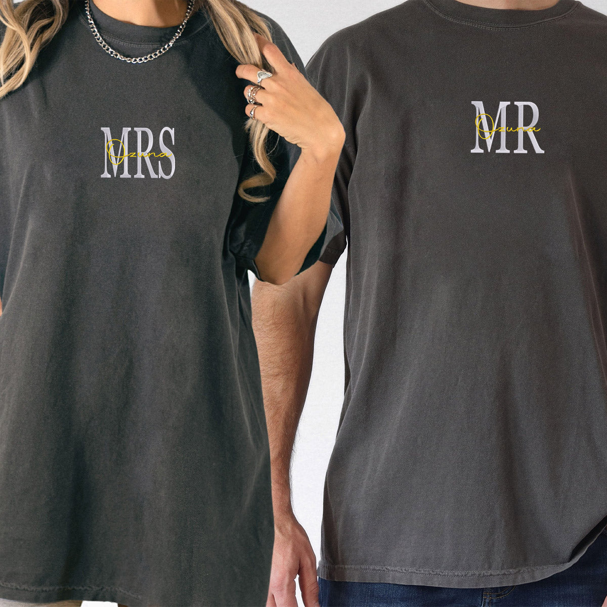Custom Embroidered Mr &amp; Mrs Matching T-shirts for Couples