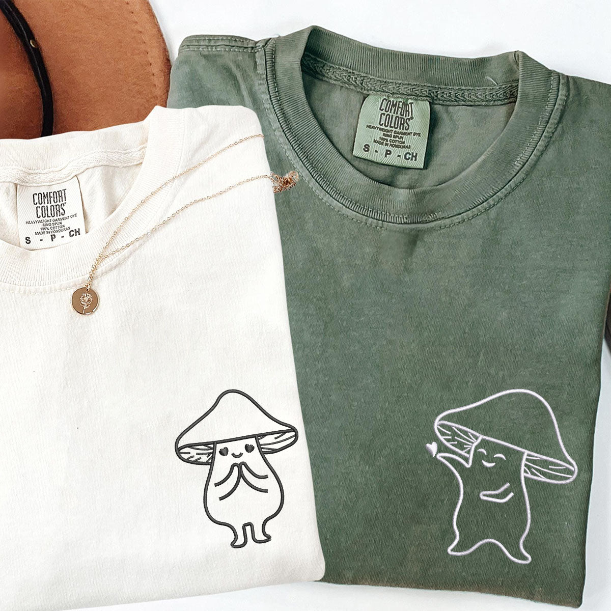 Custom Embroidered Mushroom Love Matching T-shirts for Couples