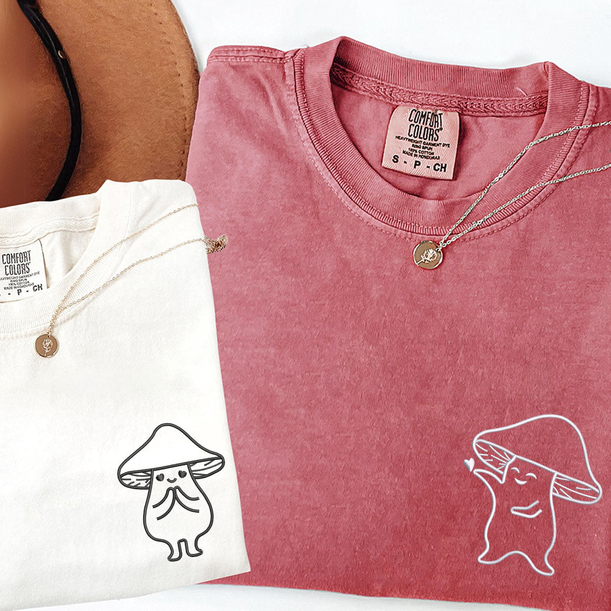 Custom Embroidered Mushroom Love Matching T-shirts for Couples
