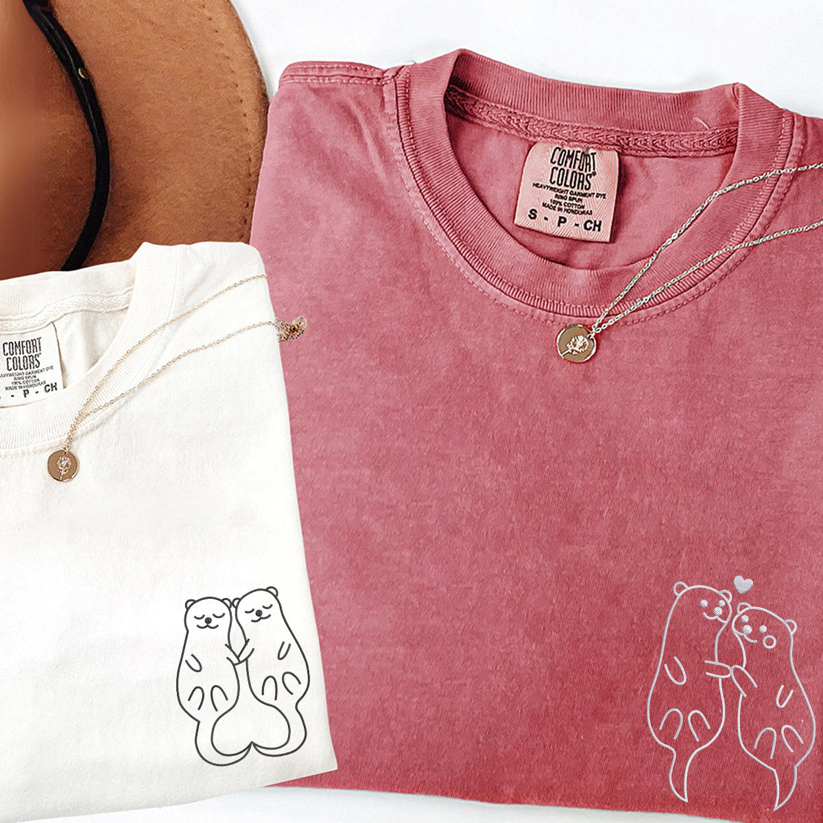 Custom Embroidered Otter Matching T-shirts for Couples