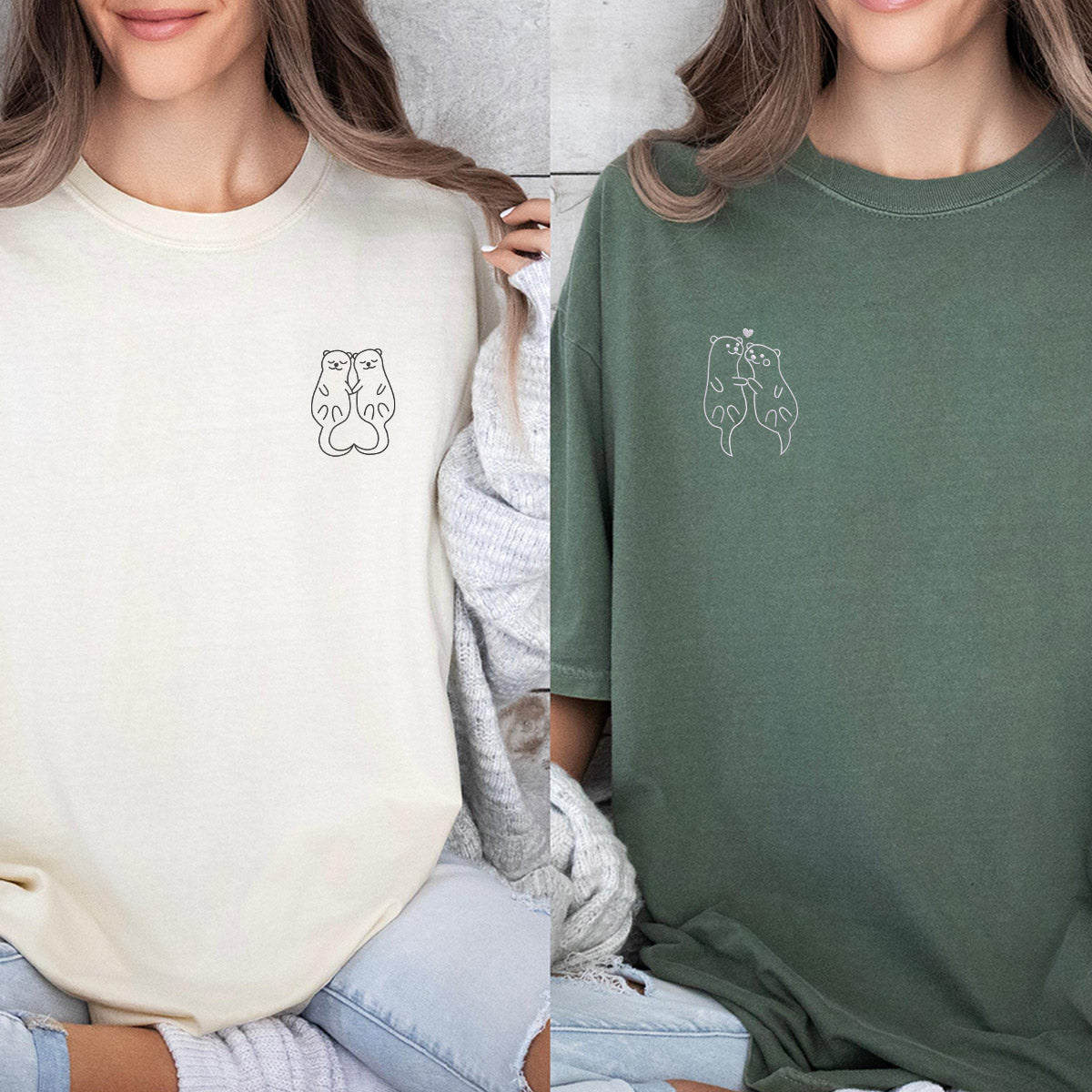 Custom Embroidered Otter Matching T-shirts for Couples