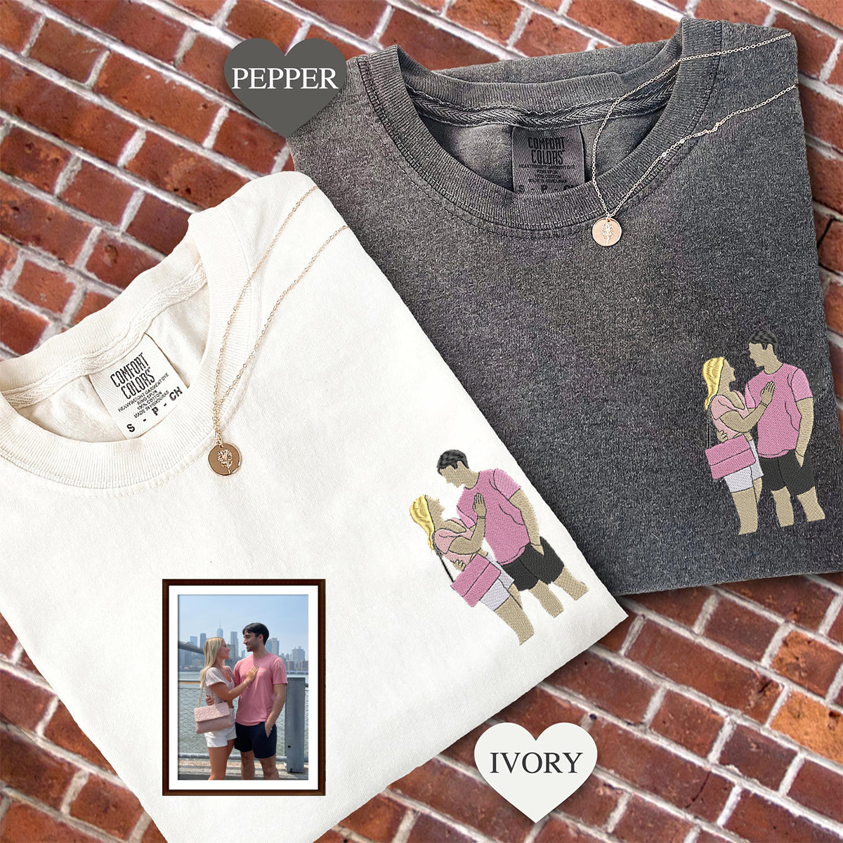 Custom Embroidered Personalized with Pictures Matching T-shirts for Couples