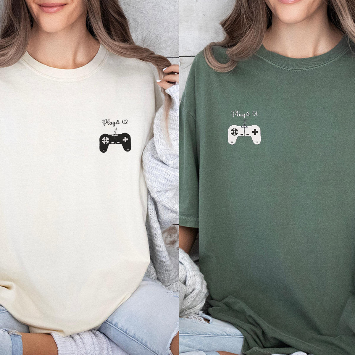 Custom Embroidered Player 1 Player 2 Matching T-shirts for Couples