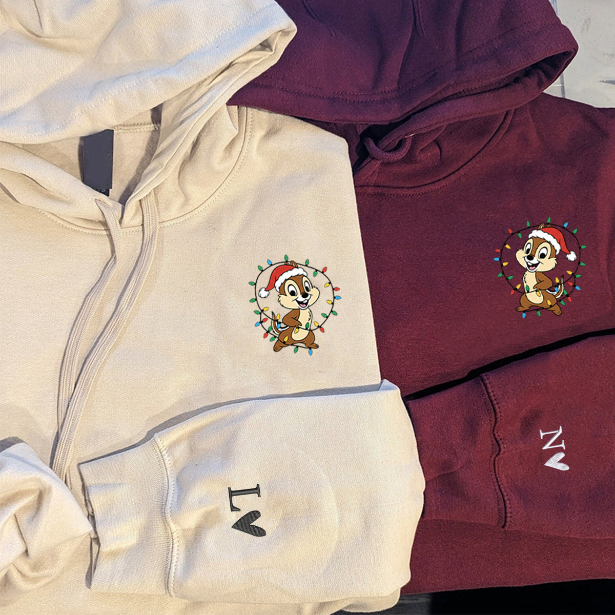 Custom Embroidered Playful Cartoon Chipmunk Friends Christmas Hoodie, Warm Sweatshirt Style Matching for Couples