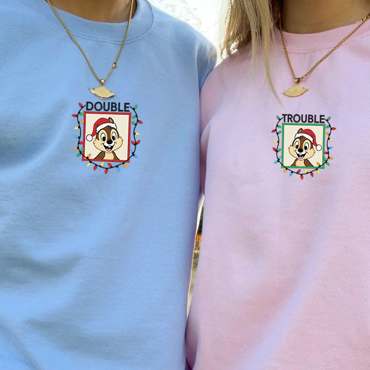 Custom Embroidered Playful Chipmunk Double Trouble Holiday Sweatshirt, Warm Christmas Style Hoodie Matching for Couples