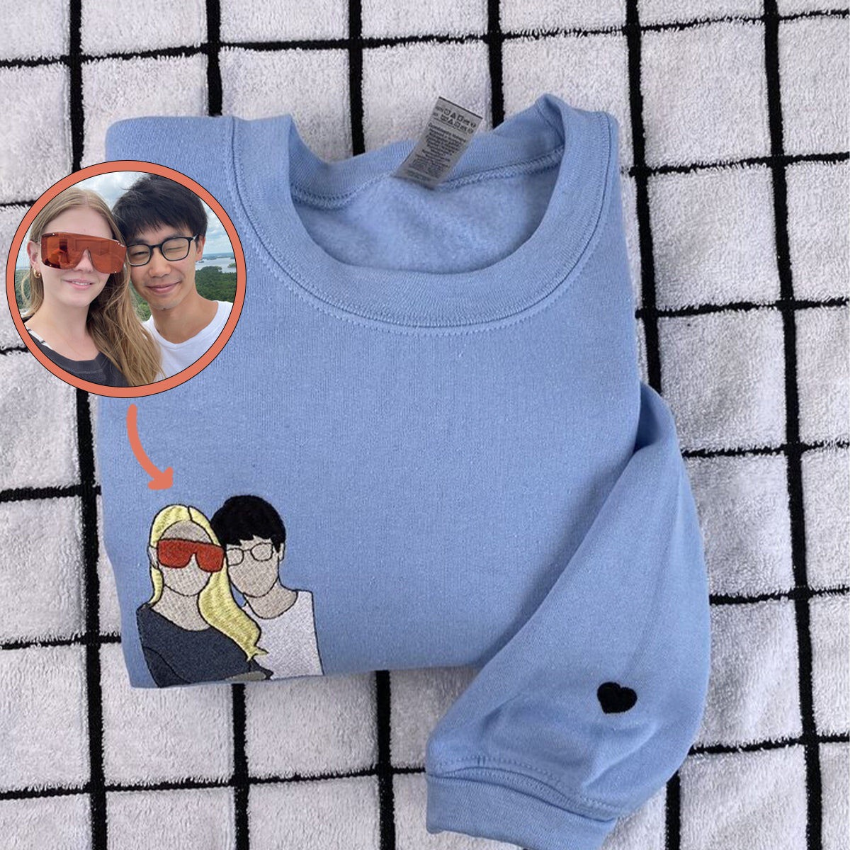 Custom Embroidered Sweatshirts For Couples, Custom Embroidered Portrait Photo Date On Sleeve Matching Couple Embroidered Sweatshirt Hoodie