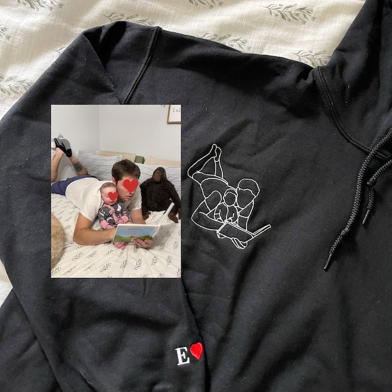 Custom Embroidered Portrait Sweatshirt – Outline Photo, Personalized Family Hoodie