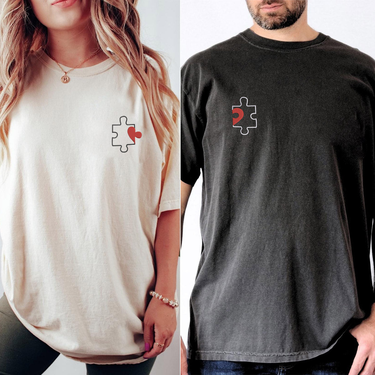 Custom Embroidered Puzzle Heart Matching T-shirts for Couples