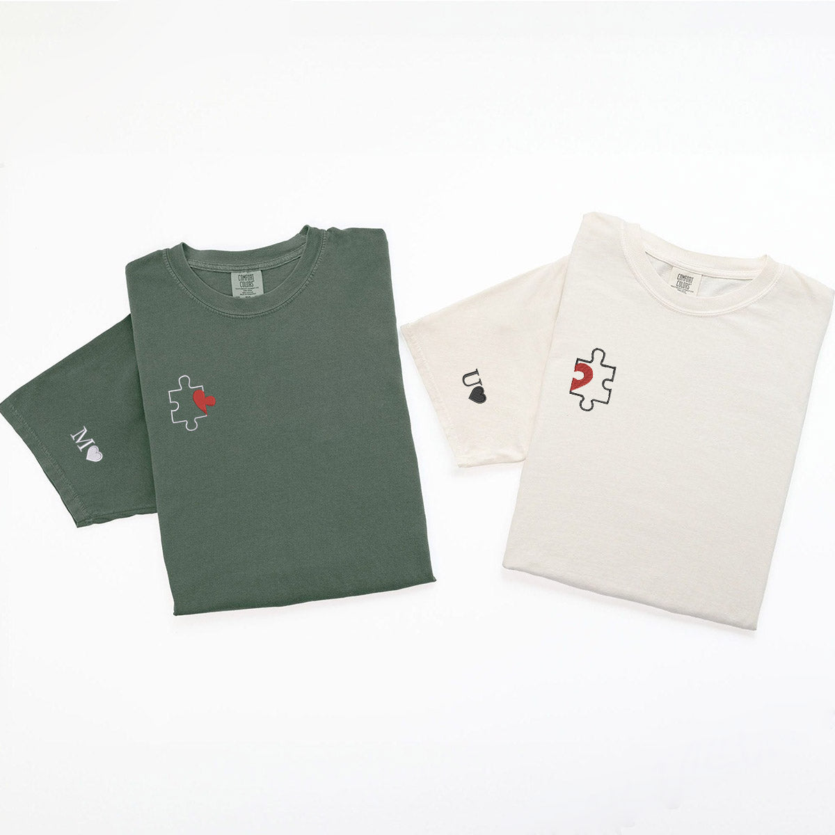 Custom Embroidered Puzzle Heart Matching T-shirts for Couples