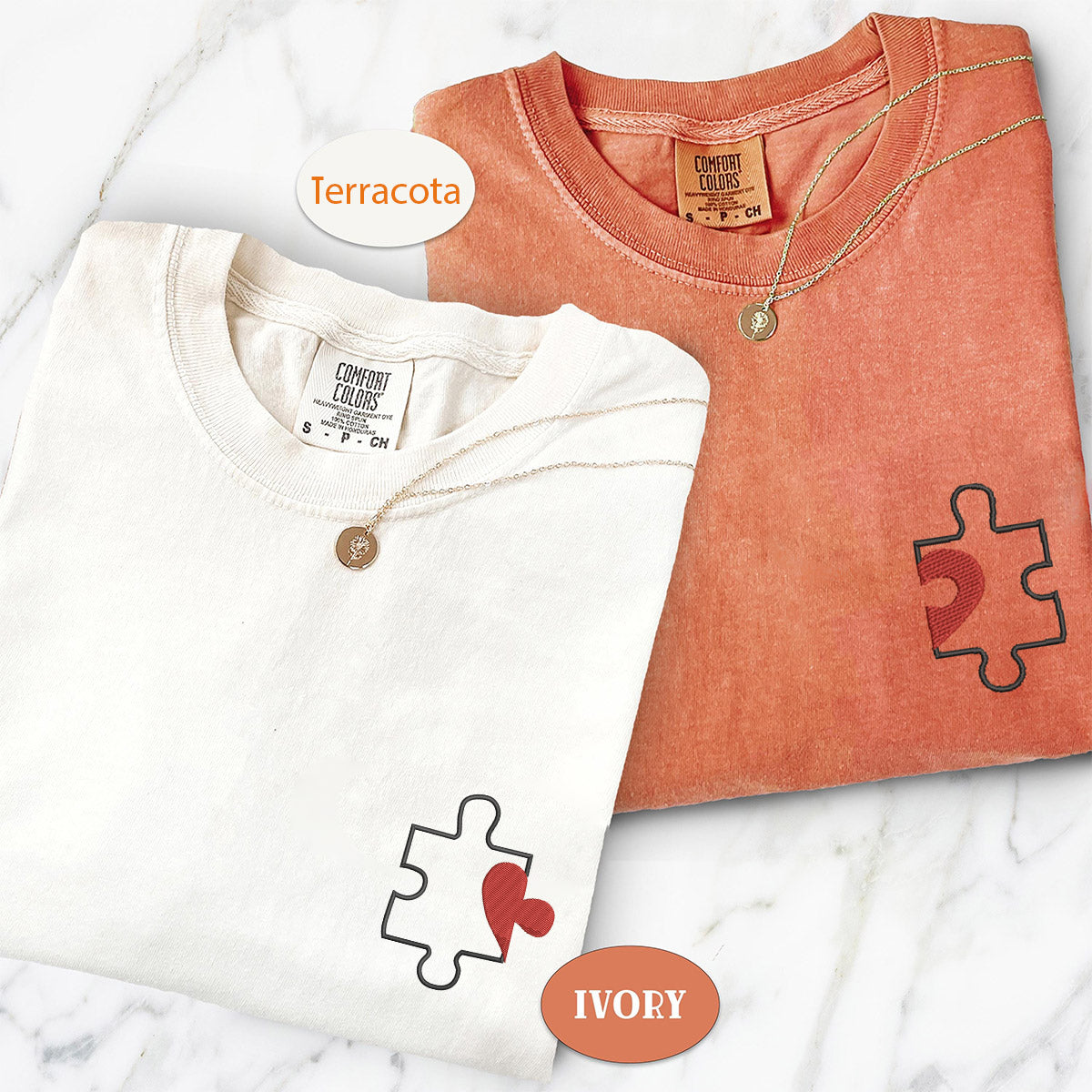 Custom Embroidered Puzzle Heart Matching T-shirts for Couples