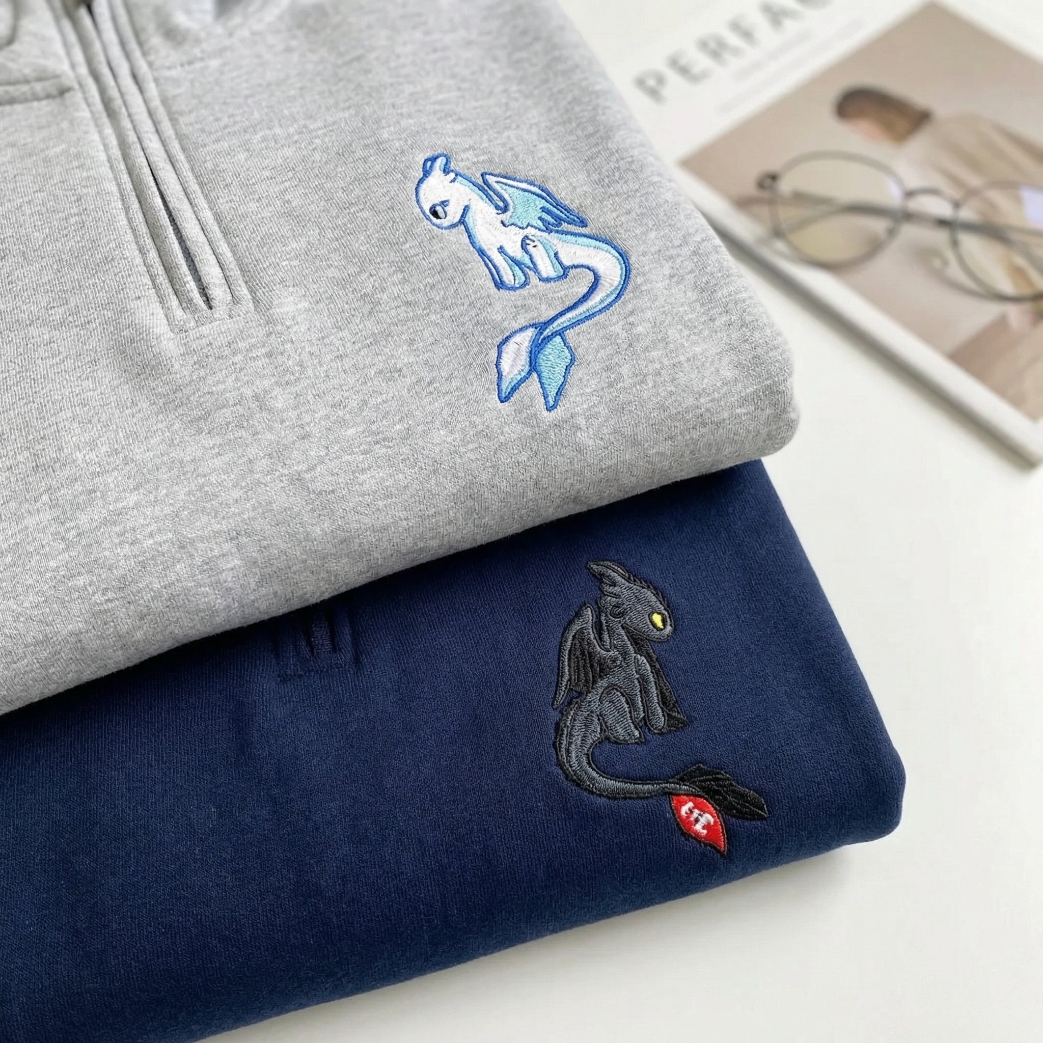 Custom Embroidered Quarter Zip Sweatshirt for Couples - Black Dragon x White Dragon Matching Full-Zip Hoodie