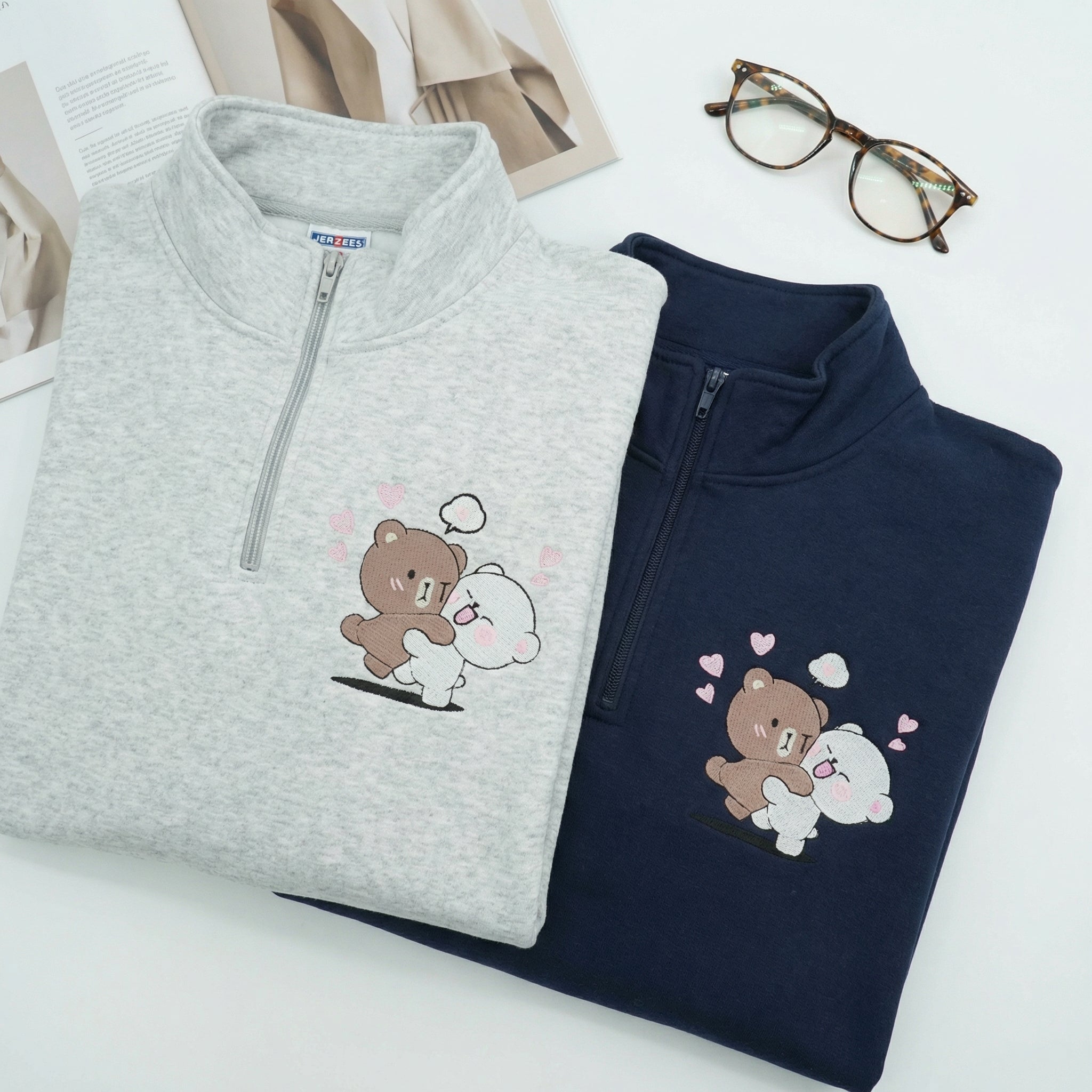 Custom Embroidered Quarter Zip Sweatshirt for Couples - Brown & Cream Bears Matching Full-Zip Hoodie