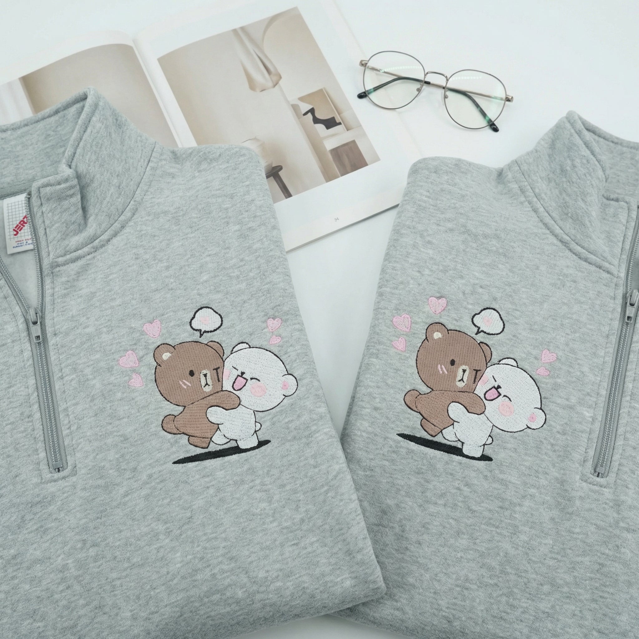 Custom Embroidered Quarter Zip Sweatshirt for Couples - Brown & Cream Bears Matching Full-Zip Hoodie