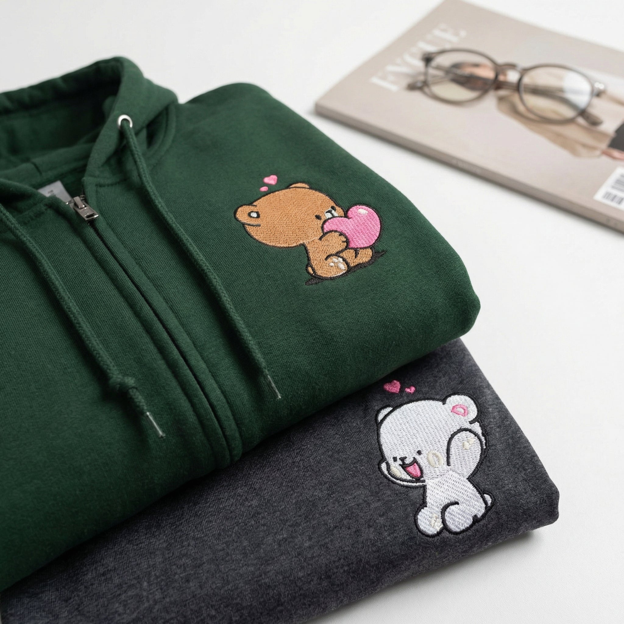 Custom Embroidered Quarter Zip Sweatshirt for Couples - Cute Loving Bears Valentine Hoodie