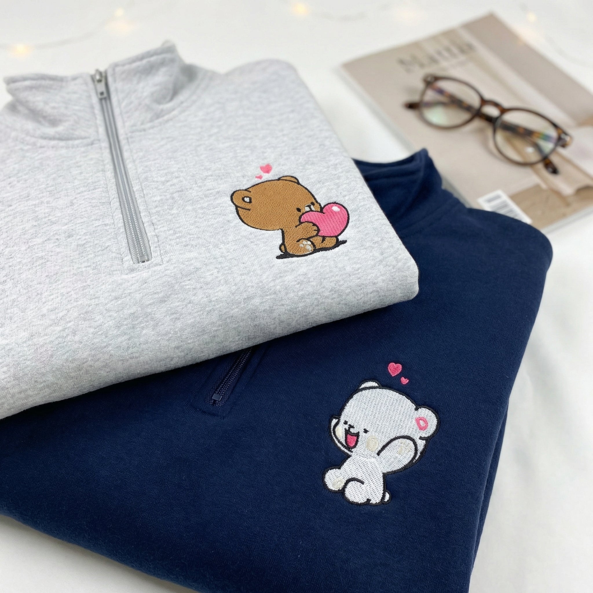 Custom Embroidered Quarter Zip Sweatshirt for Couples - Cute Loving Bears Valentine Hoodie