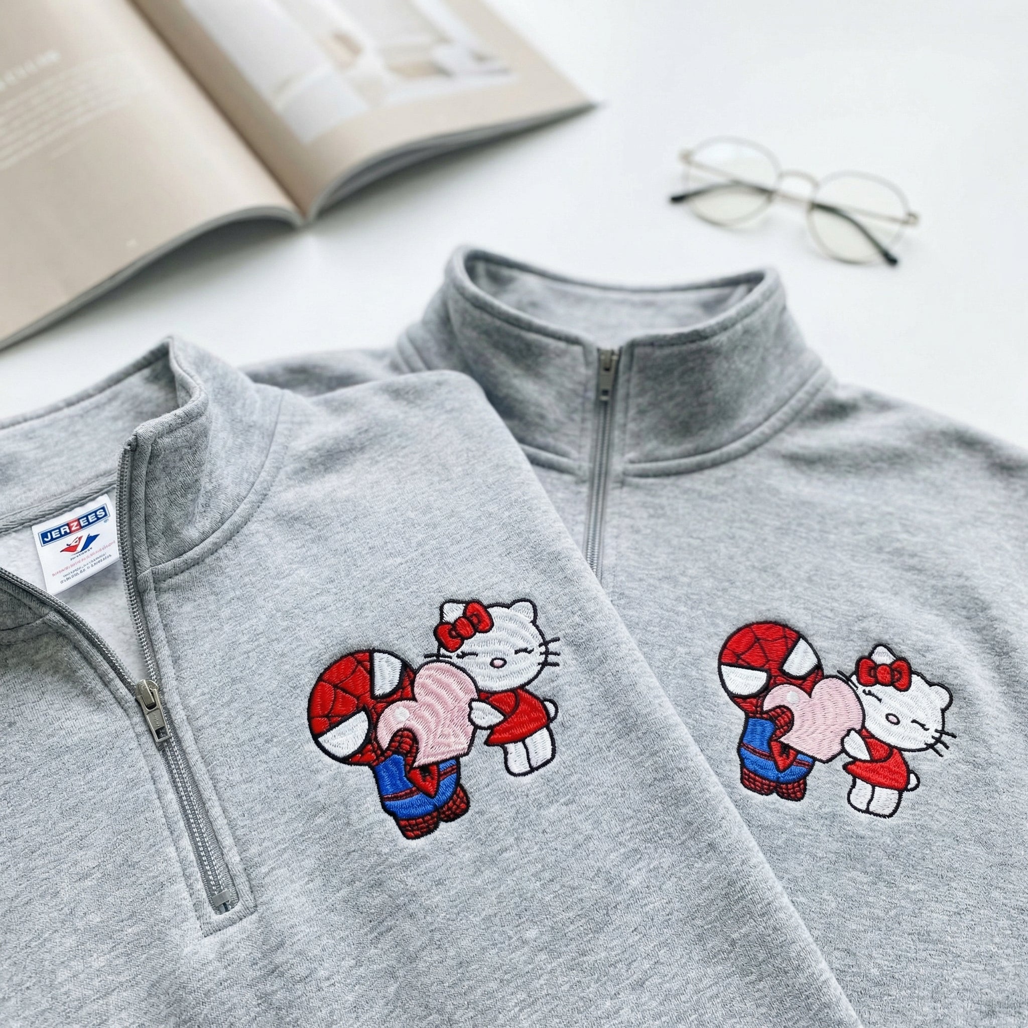 Custom Embroidered Quarter Zip Sweatshirt for Couples - Lovely Kitten Kiss Spider Chibi Matching Full-Zip Hoodie