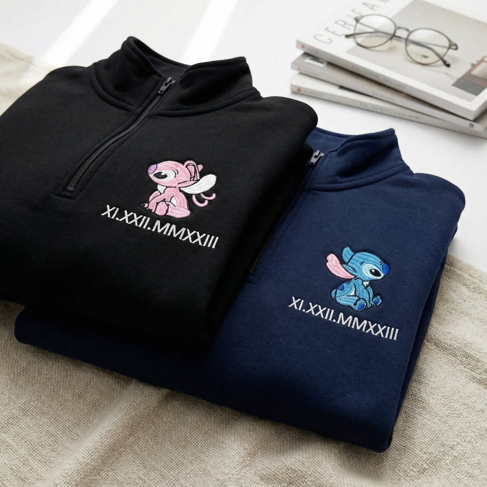 Custom Embroidered Quarter Zip Sweatshirt for Couples - Matching Roman Numeral Date Full-Zip Hoodie