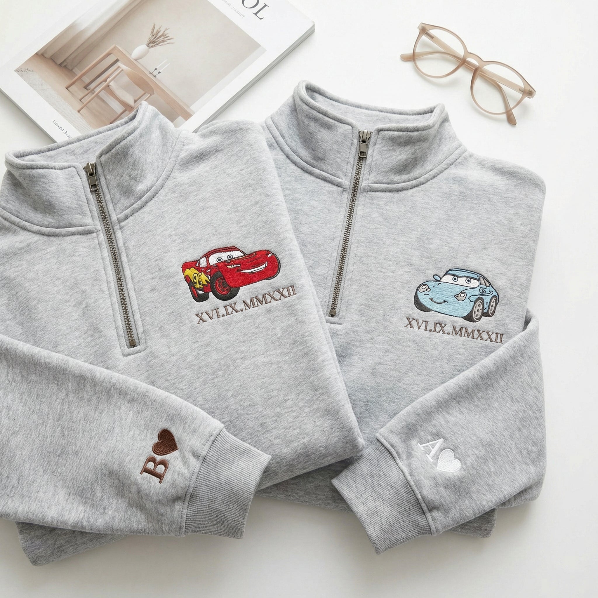 Custom Embroidered Quarter Zip Sweatshirt for Couples - Roman Numeral Date Car Matching Full-Zip Hoodie