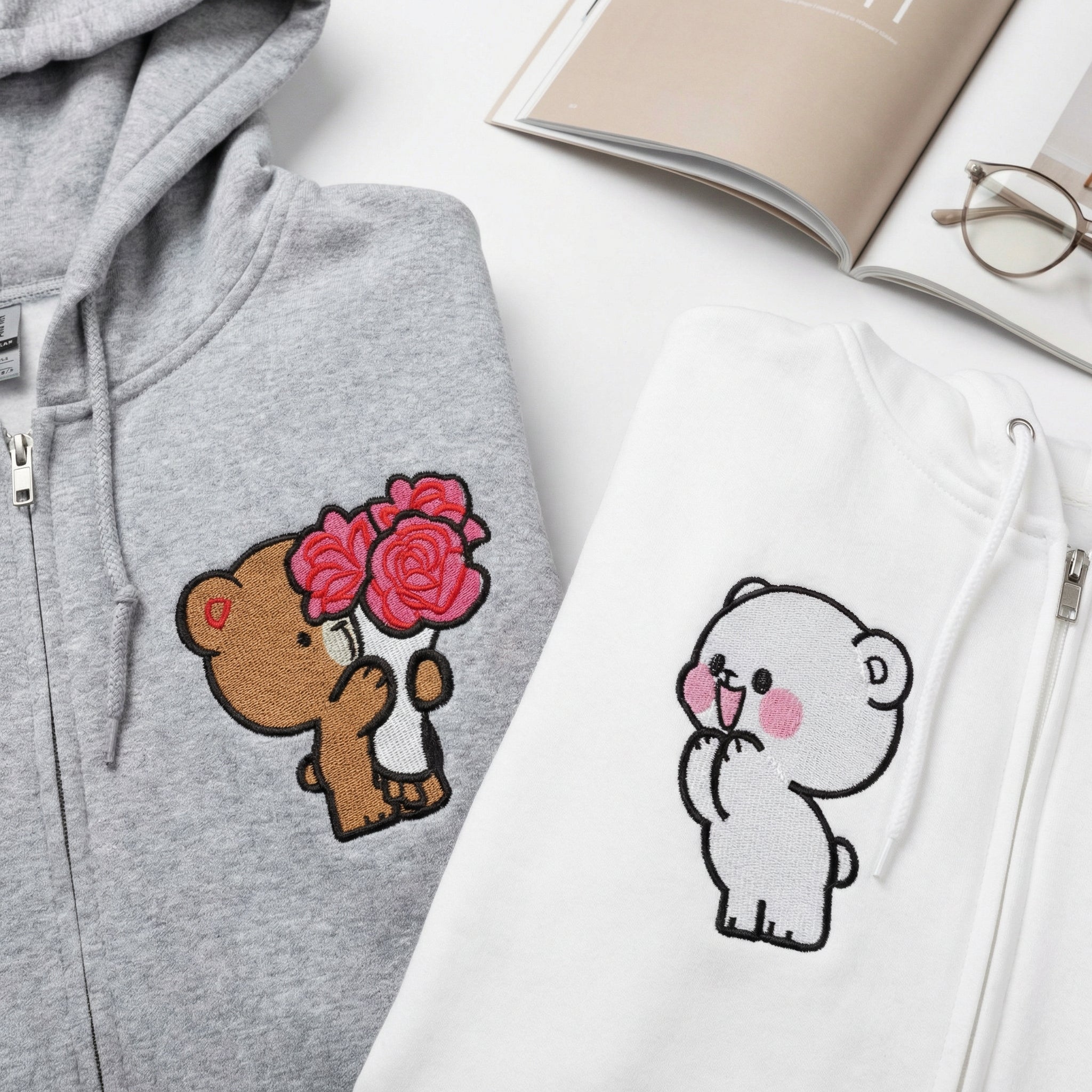 Custom Embroidered Quarter Zip Sweatshirts for Couples - Brown & Cream Bears Matching Full-Zip Hoodie