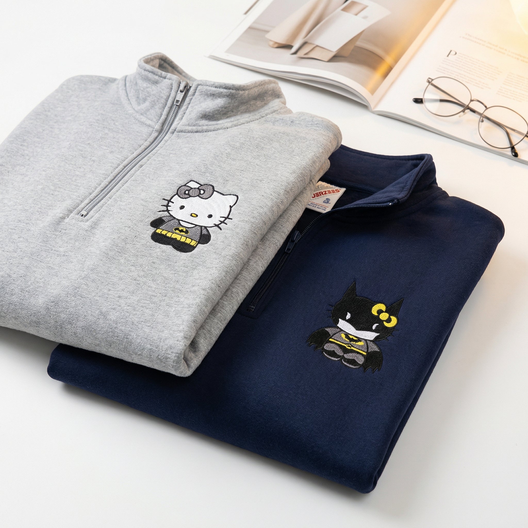 Custom Embroidered Quarter Zip Sweatshirts for Couples - Cartoon Bat & Kitten Matching Full-Zip Hoodie