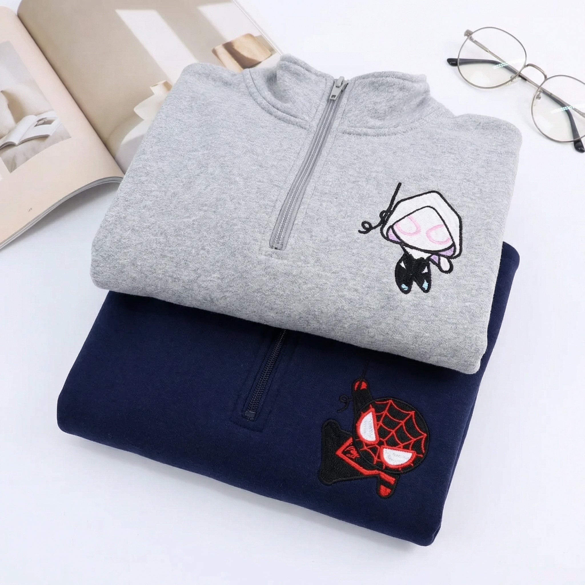 Custom Embroidered Quarter Zip Sweatshirts for Couples - Cartoon Superhero Inspired Matching Full-Zip Hoodie