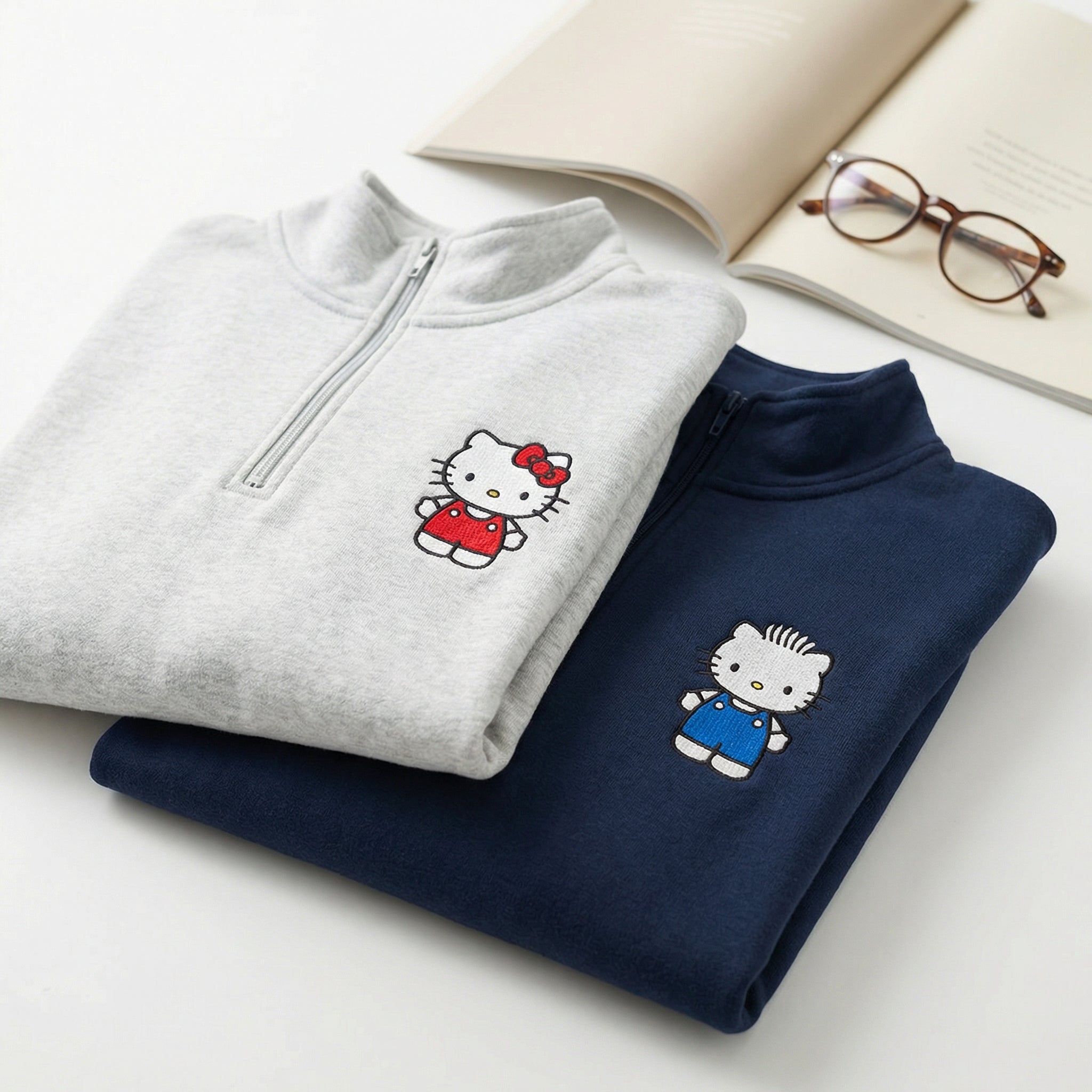 Custom Embroidered Quarter Zip Sweatshirts for Couples - Cute Kitten Matching Full-Zip Hoodie