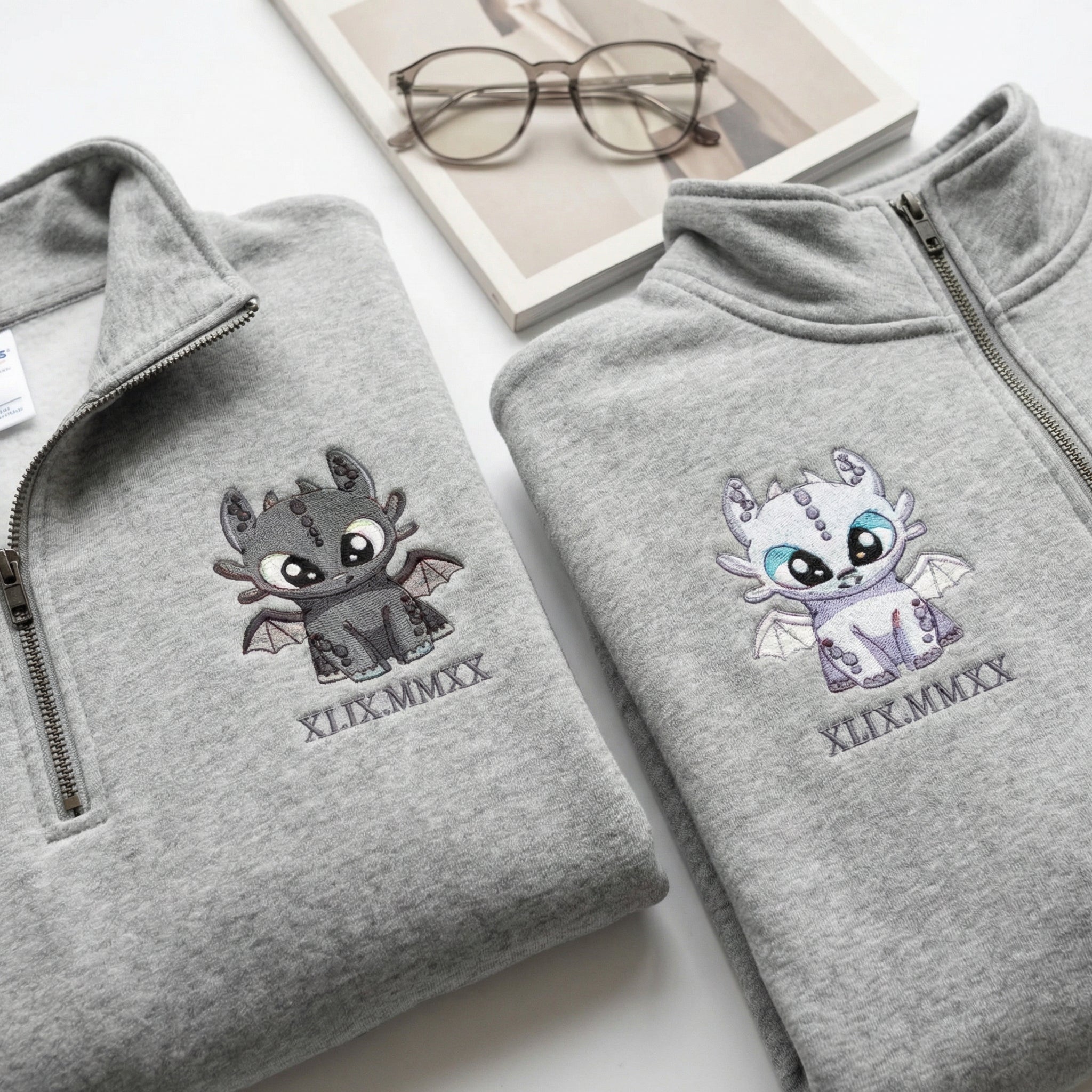 Custom Embroidered Quarter Zip Sweatshirts for Couples - Dragon Lovely Characters Roman Numeral Matching Full-Zip Hoodie